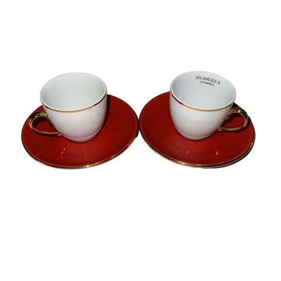 Selamlique Istanbul Turkish White Red Gold Rimmed Espresso Cups & Saucers TWO